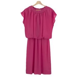 American VINTAGE JM ll US 14 80s Pink Chiffon Blouson Midi Dress Short Sleeve